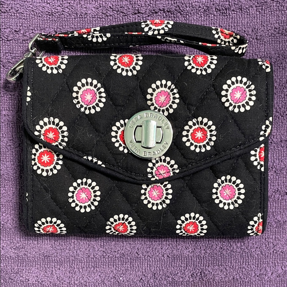 Vera Bradley Black Quilted Wristlet with Pink & Red Floral Medallions